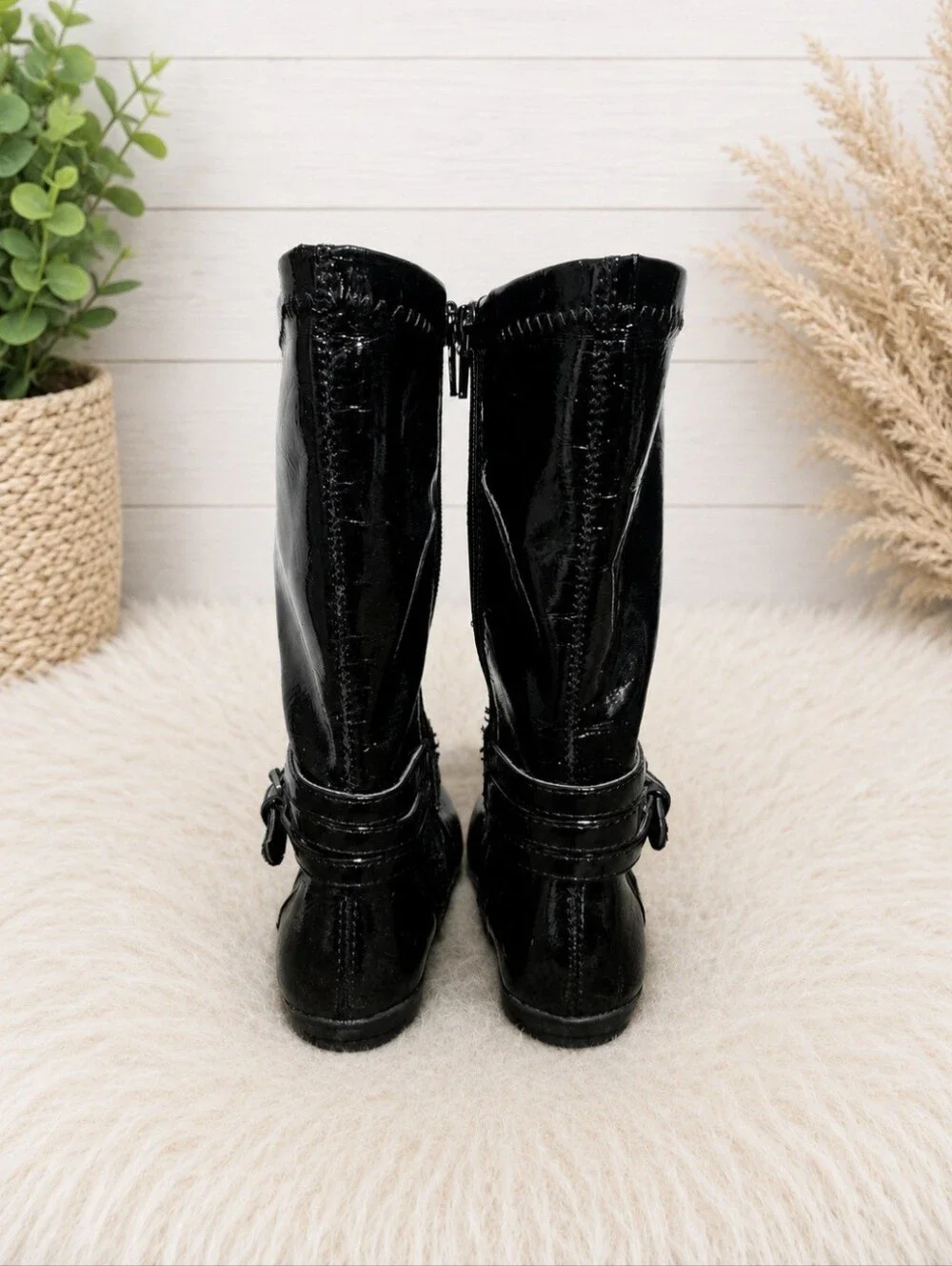 Nordstrom Rack Toddler Girls Black Patent Tall Boots Buckle Zip Size 9